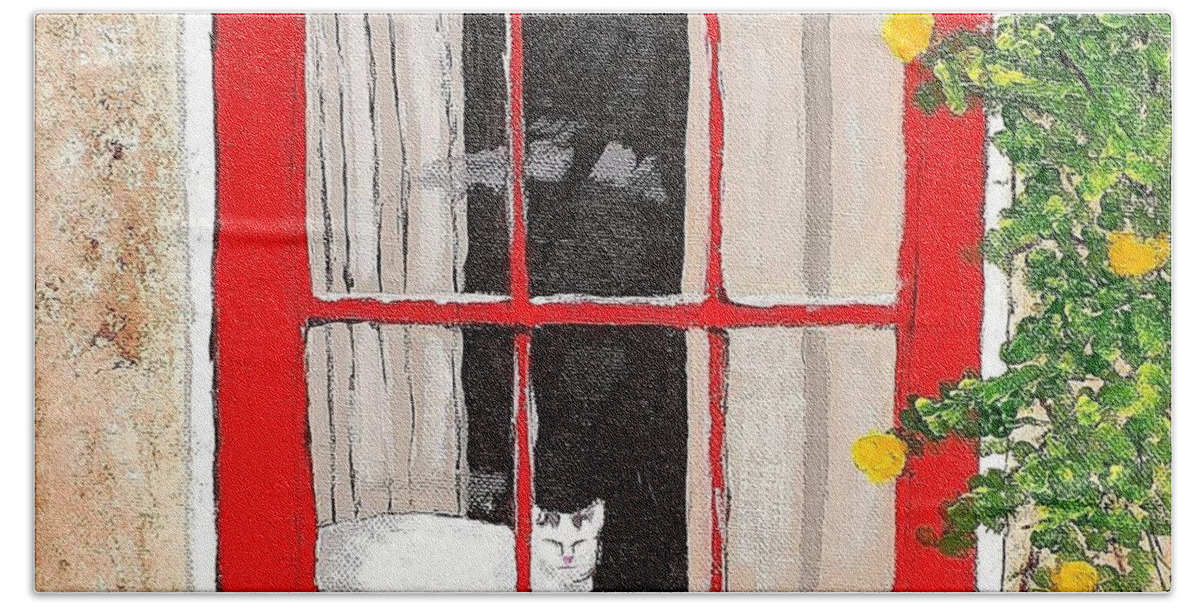 Cat Hand Towel featuring the painting Cat in Red Window by Amy Kuenzie