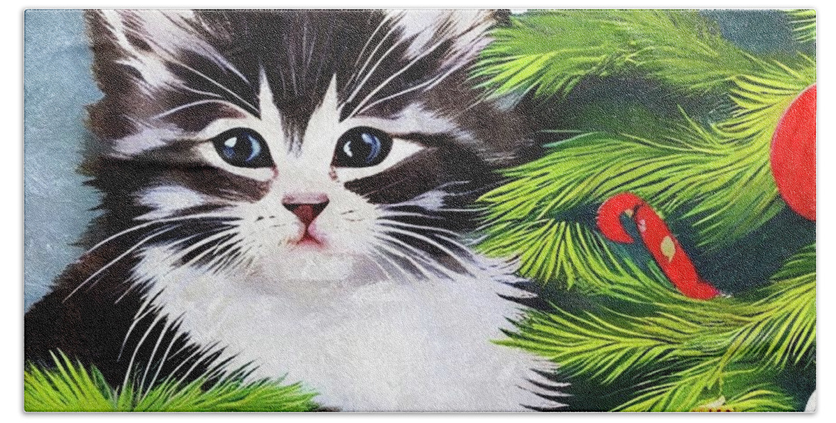 Kitten Bath Towel featuring the digital art Cat in the Christmas Tree by Ally White