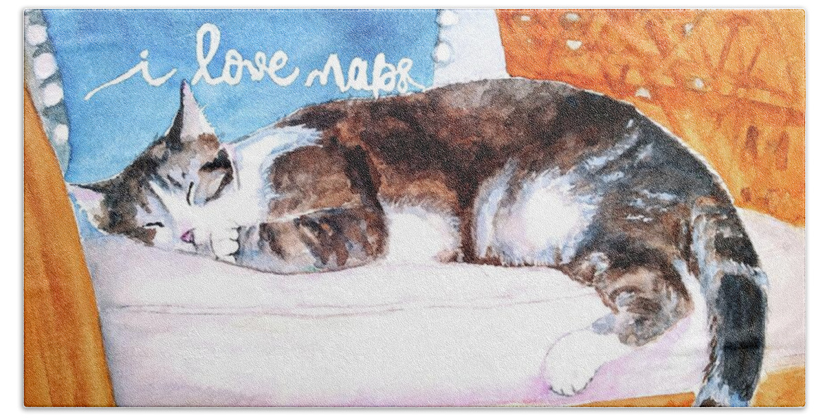 Cat Bath Towel featuring the painting Cat Nap by Carlin Blahnik CarlinArtWatercolor