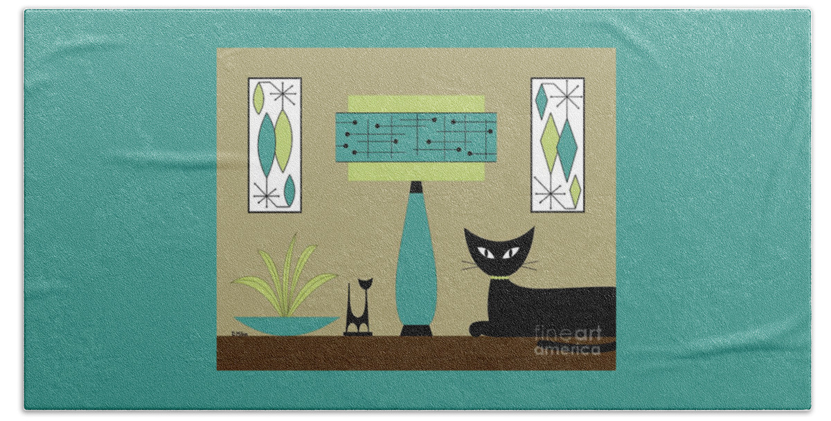 Mid Century Modern Bath Towel featuring the digital art Cat on Tabletop with Lamp in Teal by Donna Mibus