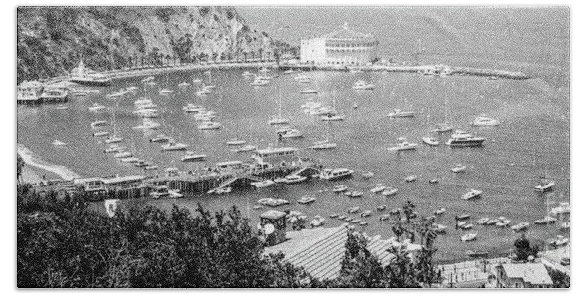 America Bath Towel featuring the photograph Catalina Island Avalon Harbor Black and White Panorama by Paul Velgos