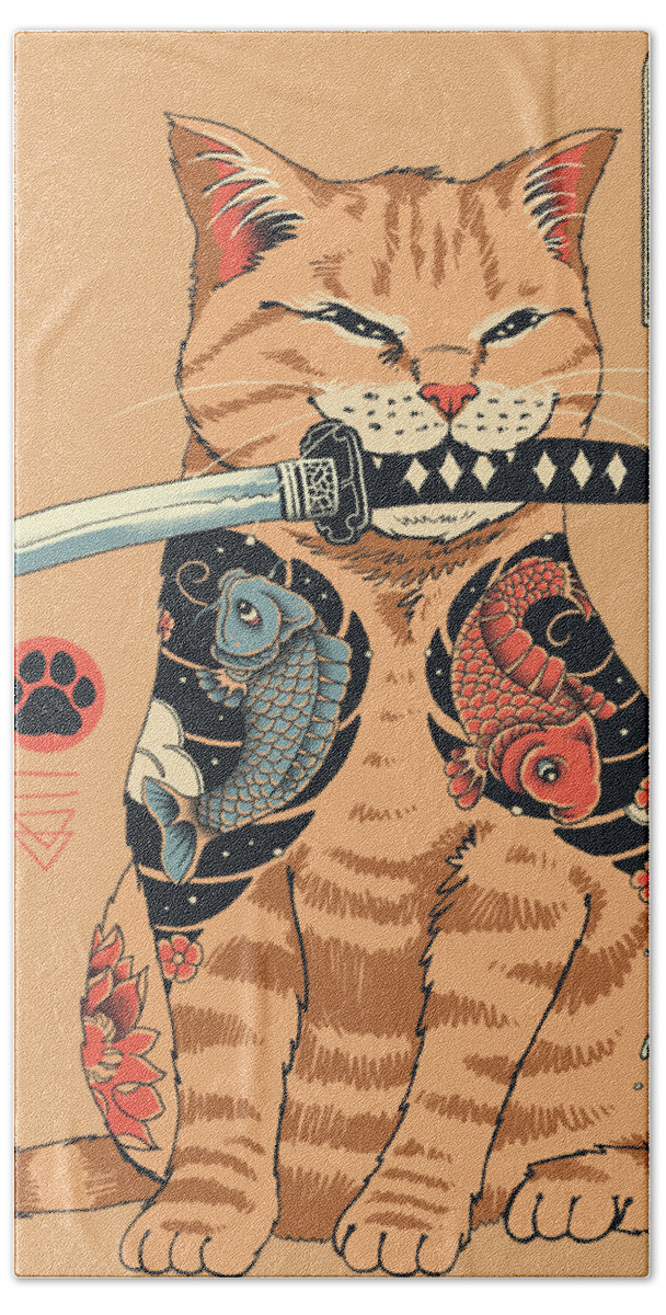 Cat Katana Cats Animal Animals Tattoo Samurai Cute Japanese-inspired Pet Pets Feline Felines Hand Towel featuring the digital art Catana by Vincent Trinidad