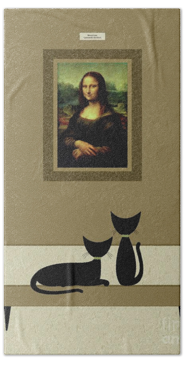 Cats Visit Art Museum Bath Towel featuring the digital art Cats Admire the Mona Lisa by Donna Mibus