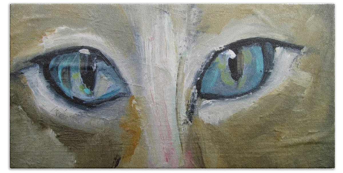 Cat Painting Bath Towel featuring the painting Cats Eyes Painting by Mary Cahalan Lee - aka PIXI