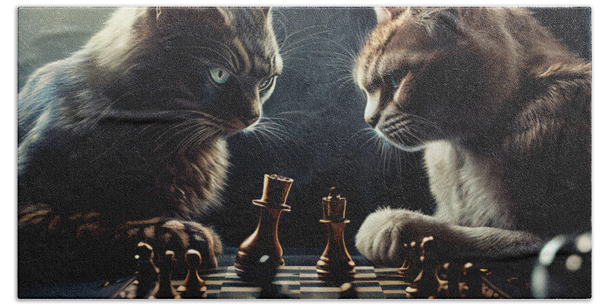 Chess Hand Towel featuring the digital art Cats Playing Chess by Billy Bateman