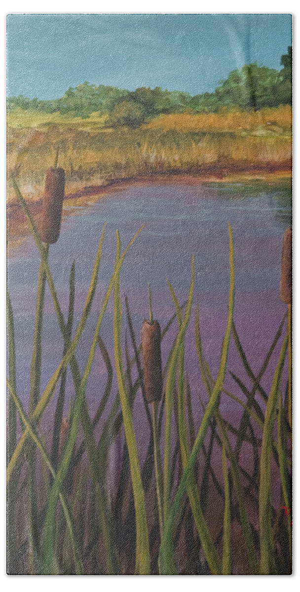 Landscape Hand Towel featuring the painting Cattails by Darice Machel McGuire