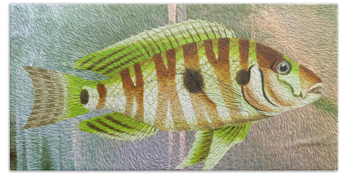 Fish Bath Towel featuring the mixed media Portrait of a Cave Dwelling Fish by Lorena Cassady
