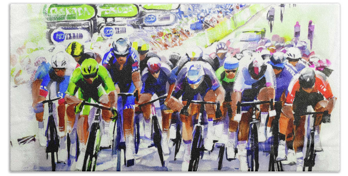 Le Tour De France Bath Towel featuring the painting Cavendish Comeback Stage 6 TDF 2021 by Shirley Peters