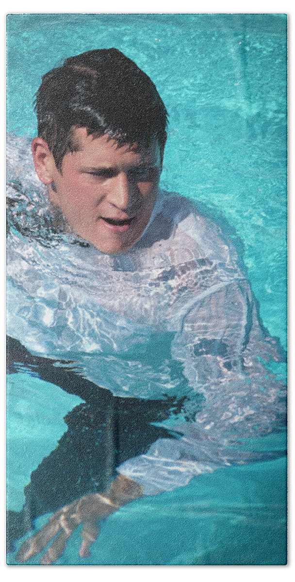 Dv8ca Hand Towel featuring the photograph Caz in the pool, suited by Jim Whitley