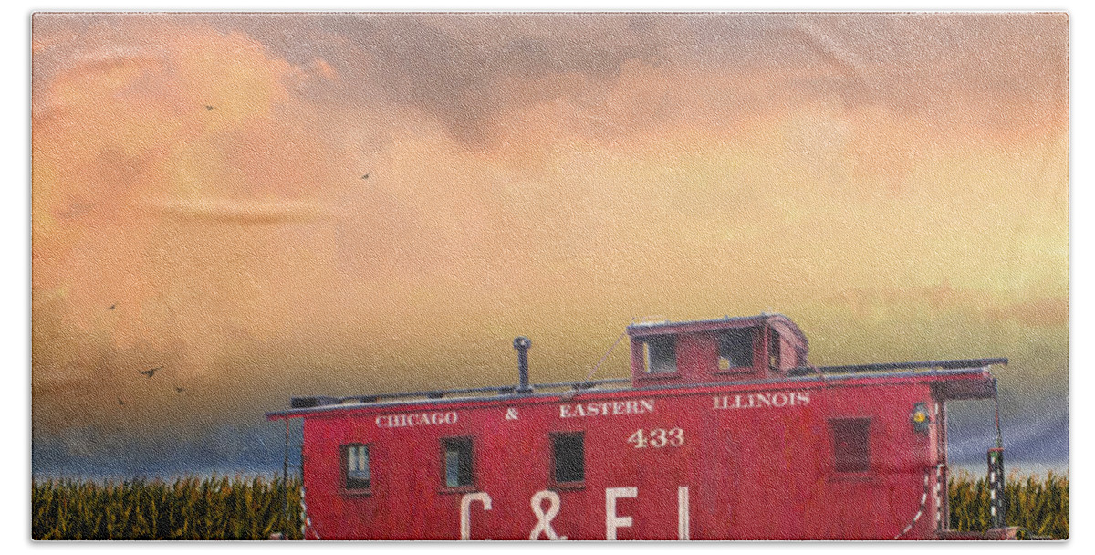 Historic Railroad Art Bath Towel featuring the painting C E and I Caboose at Dawn by Glenn Galen