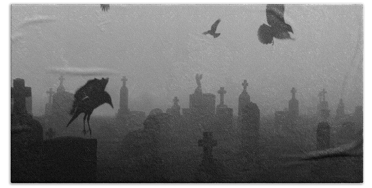 Black And White Bath Towel featuring the photograph Cemetery Crows by Gothicrow Images