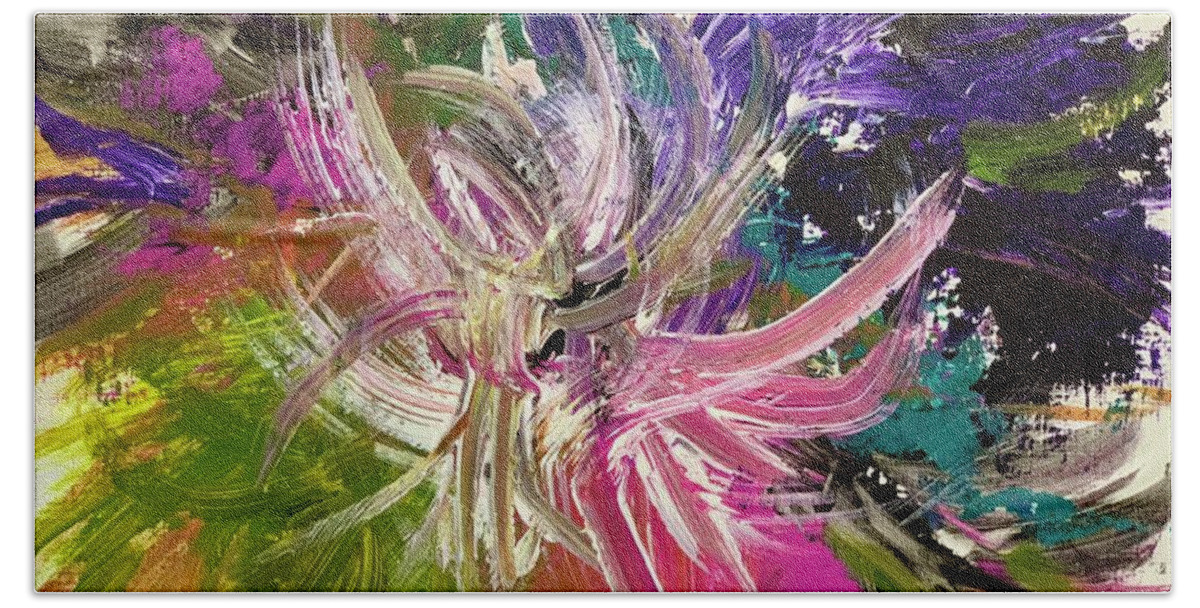 Abstract Pink Purple Yellow Swirls Hand Towel featuring the painting Center of Attention by Patsy Walton