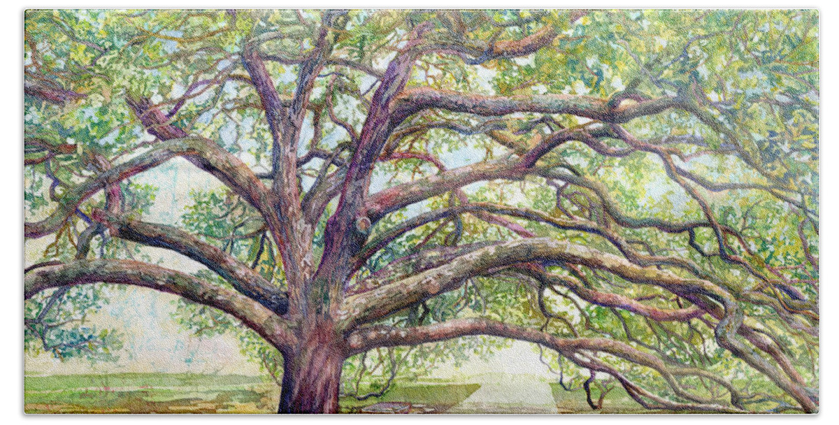 Oak Hand Towel featuring the painting Century Tree-pastel colors by Hailey E Herrera