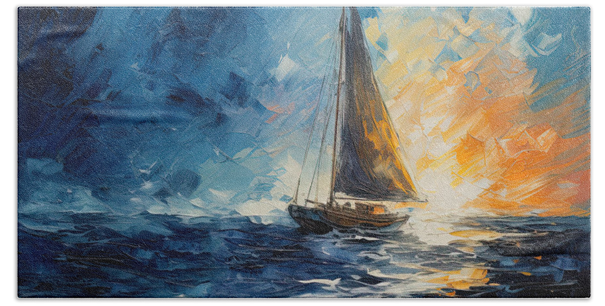 Sailing Boat Into Sunset Art Bath Towel featuring the photograph Cerulean Sailing Sunset - Sailing Boat into a Sunset by Lourry Legarde