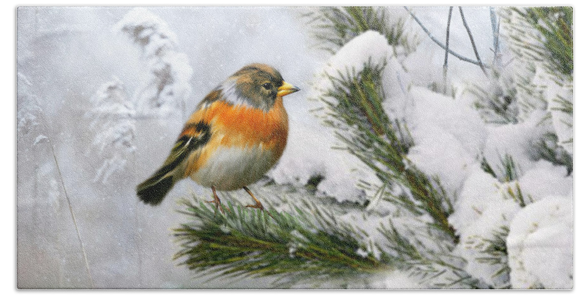 Chaffinch Bath Towel featuring the mixed media Chaffinch in Snow by Morag Bates