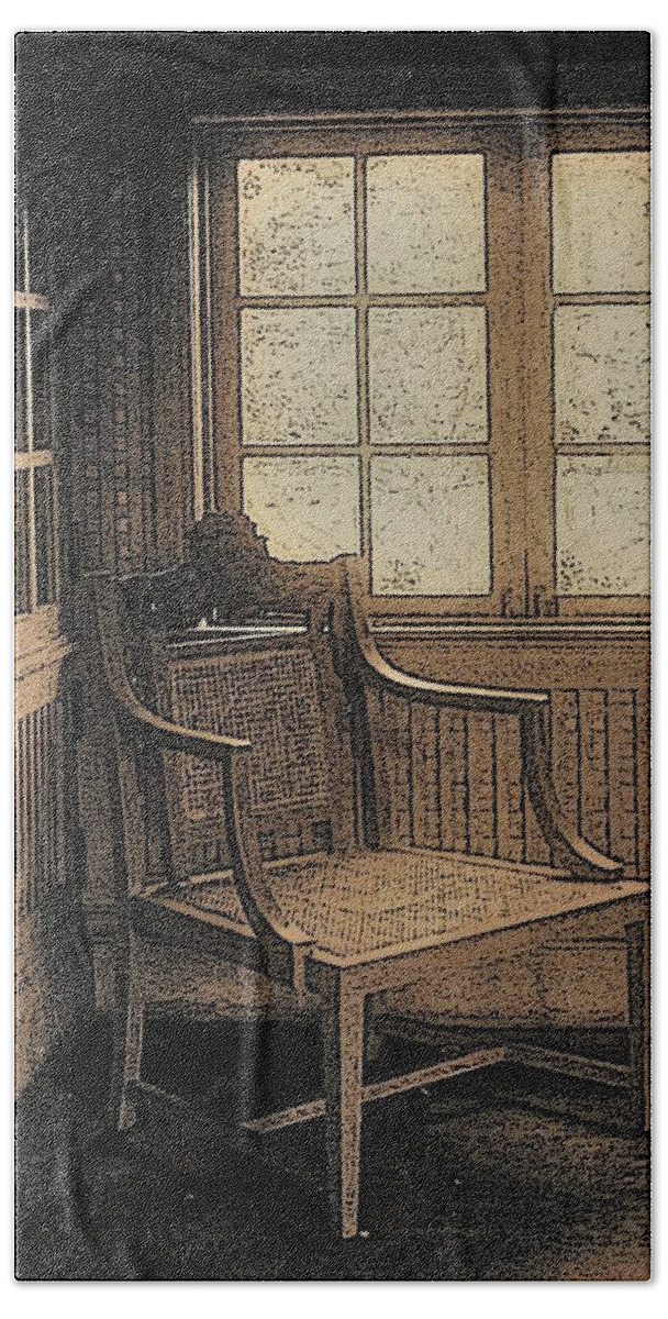 Chair Window Room B&w Sepia Bath Towel featuring the photograph Chair Window2 by John Linnemeyer