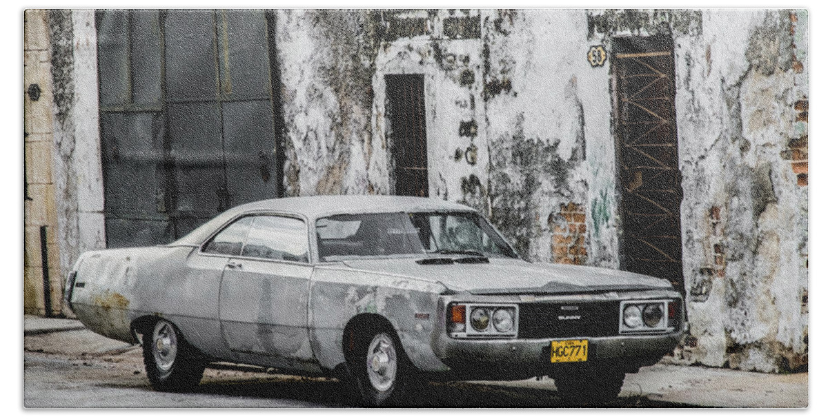 Cuba Bath Towel featuring the photograph chameleon car in Havana. Cuba by Lie Yim