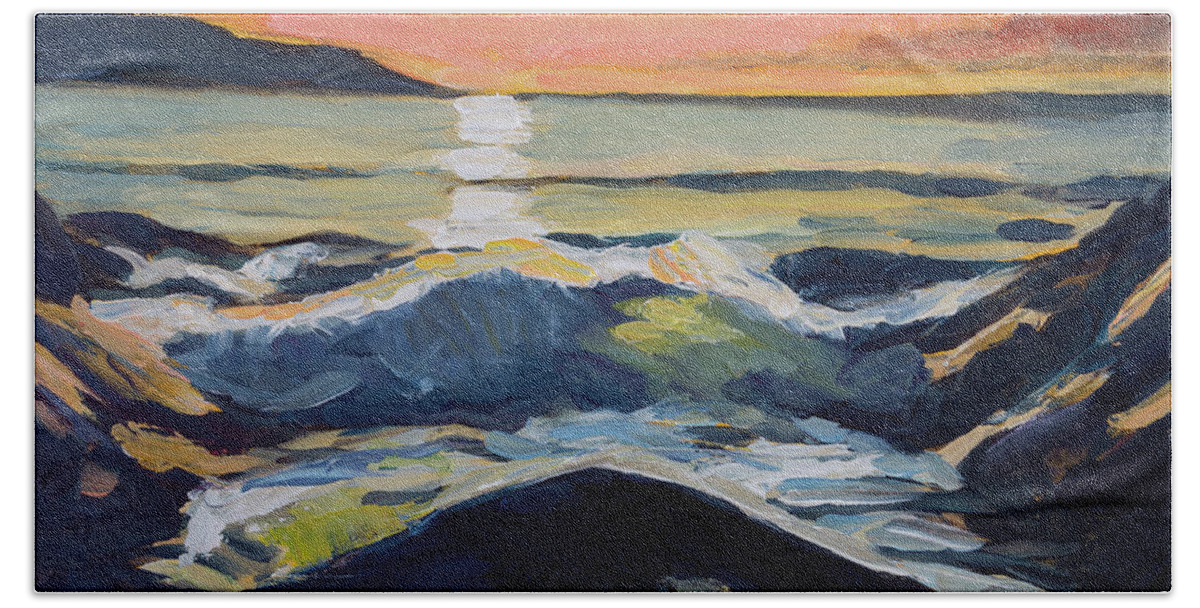 Sunlight Bath Towel featuring the painting Chanteiro Beach Sunset Galicia Spain by Pablo Avanzini