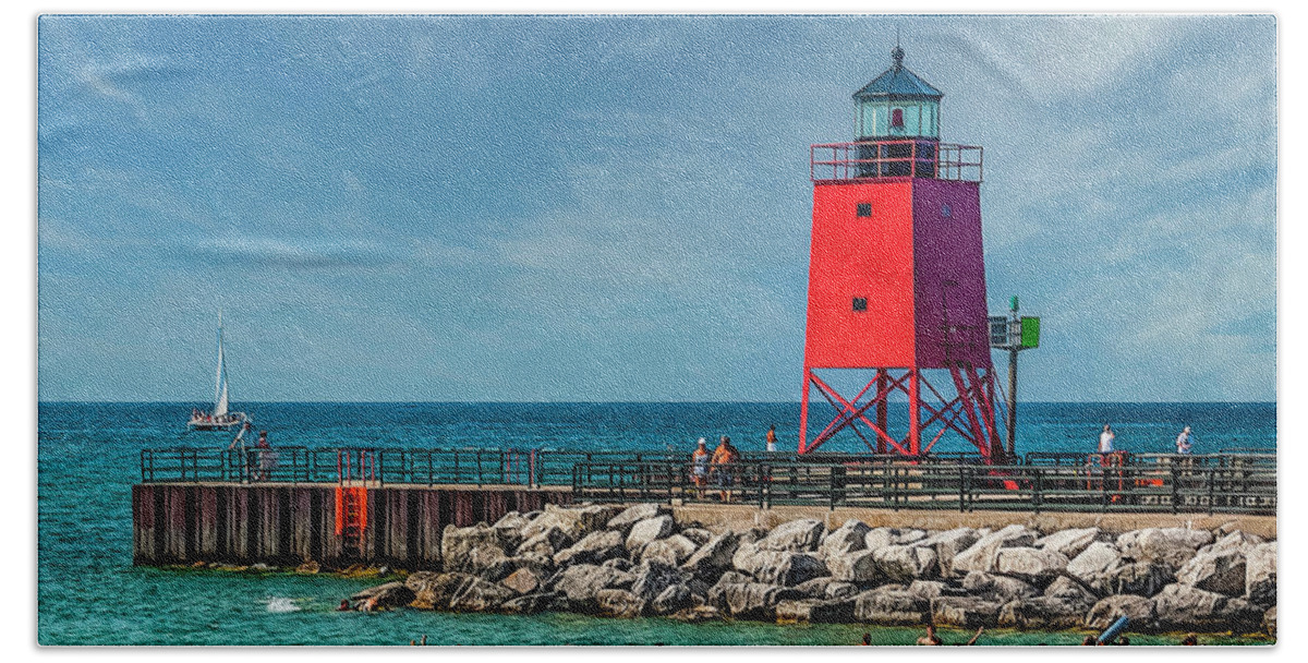 Lighthouse Bath Towel featuring the photograph Charlevoix South Pier by Nick Zelinsky Jr