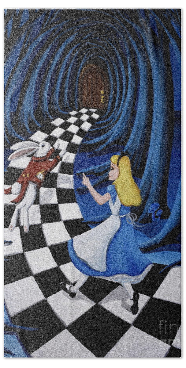 Alice In Wonderland Bath Towel featuring the painting Chasing Rabbit Alice Wonderland by Debbie Criswell