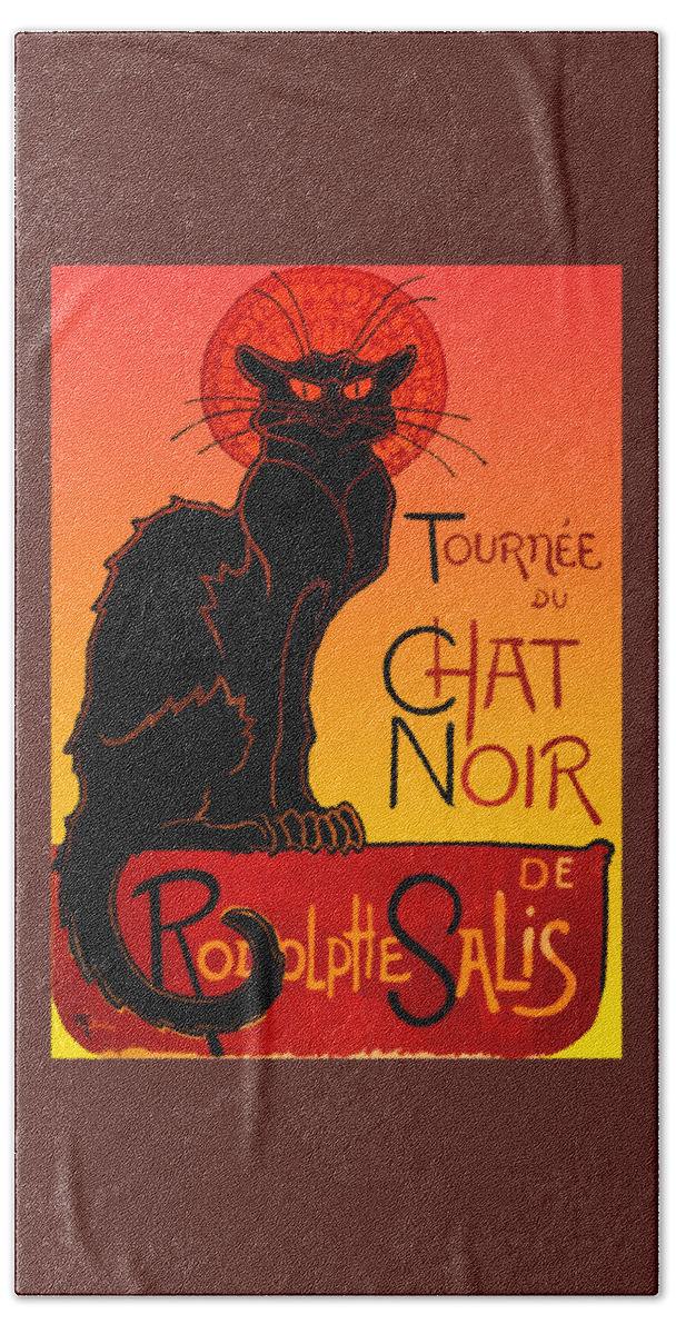 Black Cat Hand Towel featuring the mixed media Chat Noir Belle Epoque Art Nouveau Rodolphe Salis HD restored by Elena Gantchikova by Elena Gantchikova