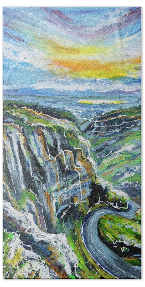 Cheddar Gorge Bath Towel featuring the painting Cheddar Gorge by Laura Hol Art