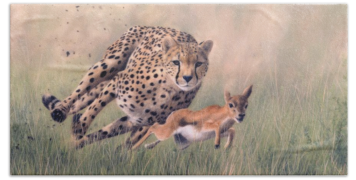 Cheetah Hand Towel featuring the painting Cheetah and Gazelle Painting by Rachel Stribbling