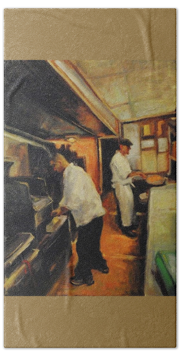 Impressionist Oil Painting Bath Towel featuring the painting Chefs at work by Ashlee Trcka