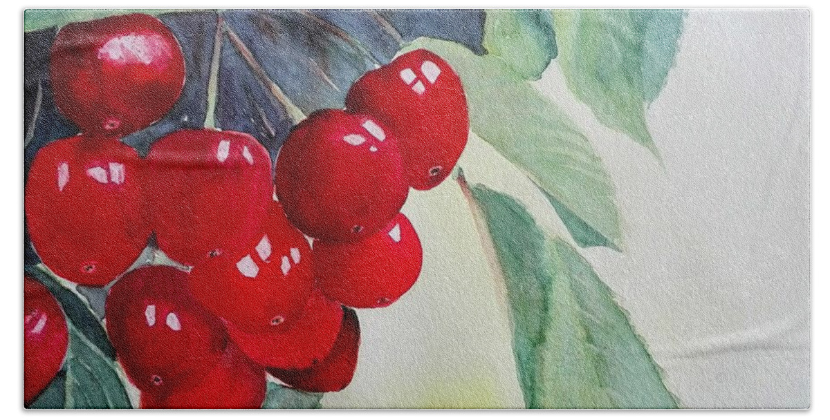 Fruit Bath Towel featuring the painting Cherries by Sandie Croft