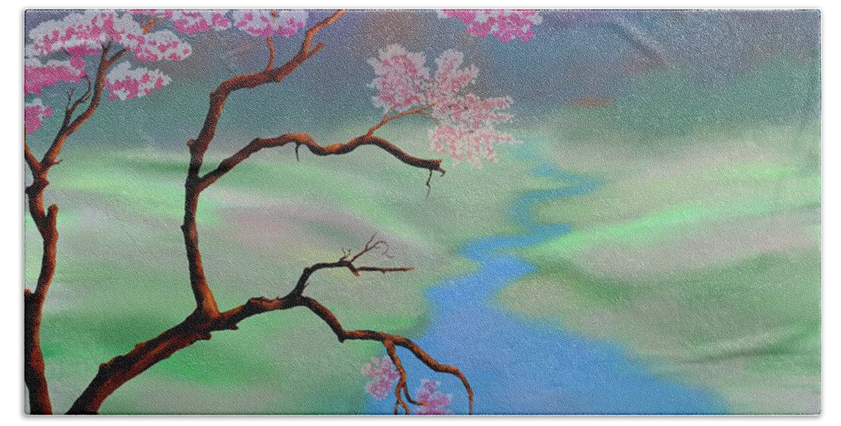 Landscape Hand Towel featuring the digital art Cherry Blossoms by Marilyn Cullingford