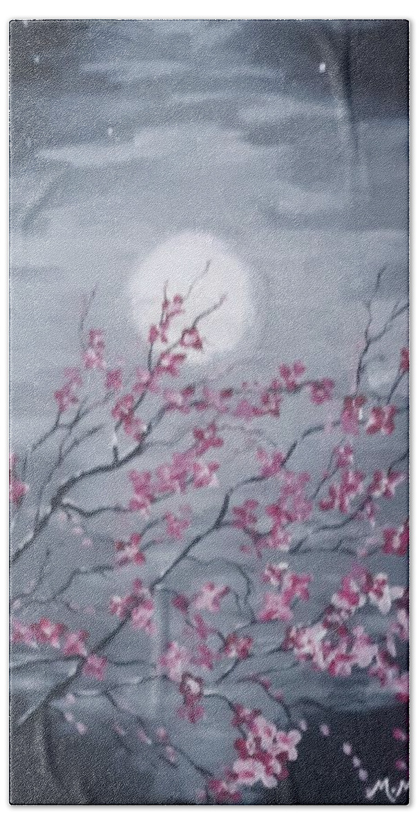 Moon. Night Bath Towel featuring the painting Cherry Blossoms by Marlene Moore