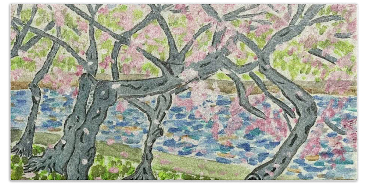 Cherry Blossoms Bath Towel featuring the painting Cherry Blossoms on the Mall #1 by John Macarthur