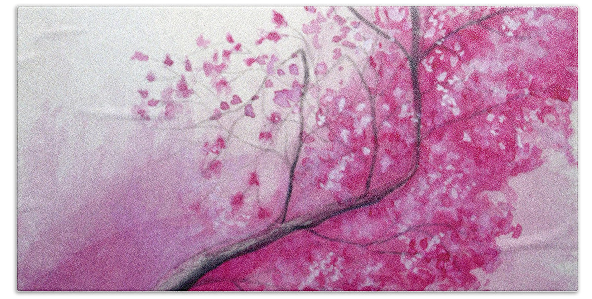 Rick Huotari Bath Sheet featuring the painting Cherry Tree In Bloom by Rick Huotari
