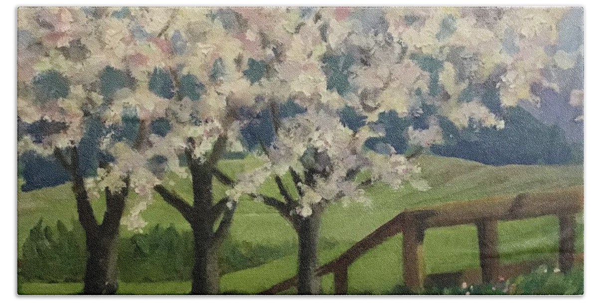Cherry Bath Towel featuring the painting Cherry Trees by Anne Marie Brown