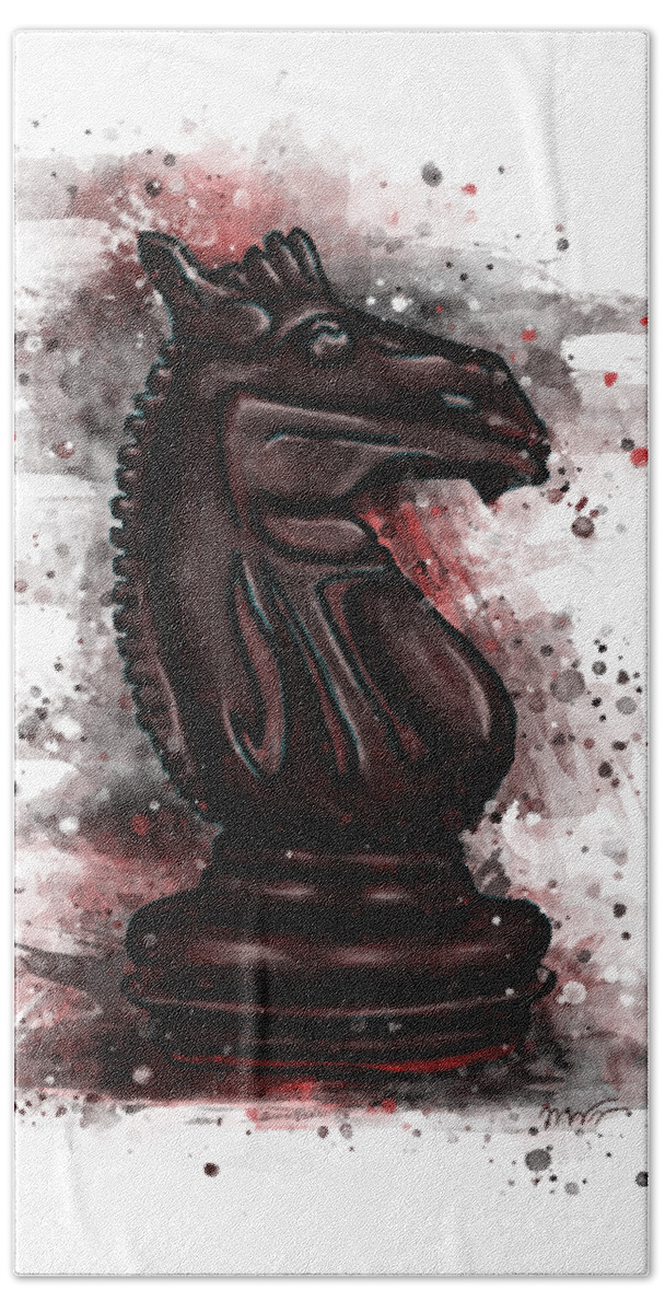 Chess Piece Hand Towel featuring the painting Chess piece splatter art, black chess knight by Nadia CHEVREL
