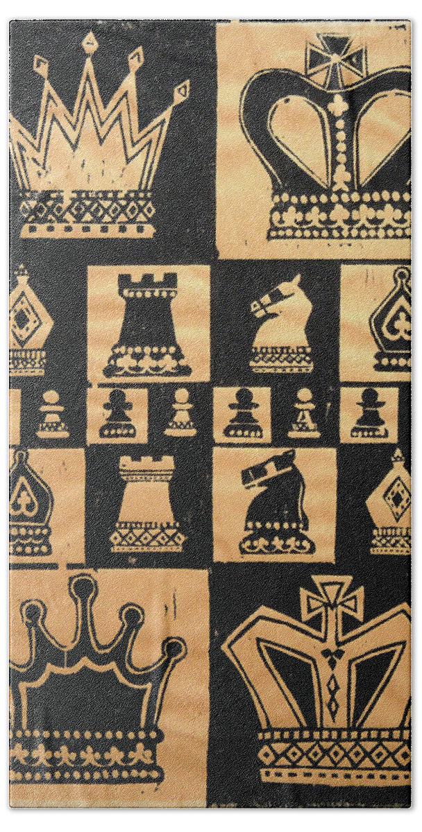 Woodcut Bath Towel featuring the painting Chess Woodcut by Mary Helmreich