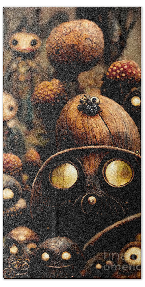 Chestnut Man Hand Towel featuring the digital art Chestnut manikins and acorn monsters by Sabantha