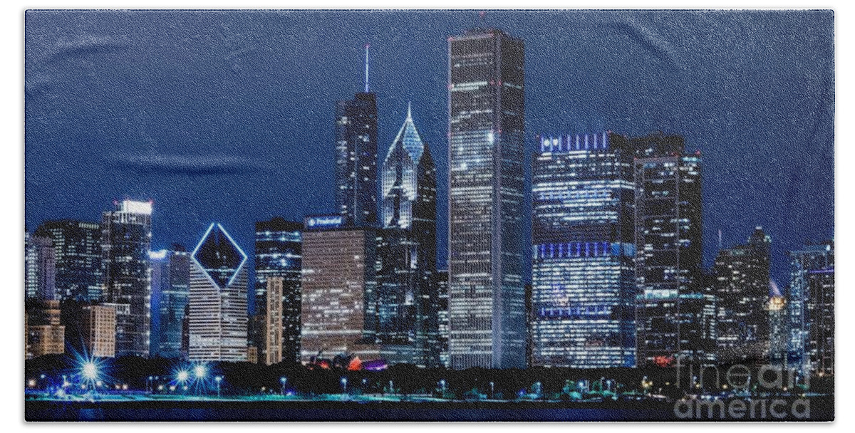 Chicago Bath Towel featuring the photograph Chicago at night by Action