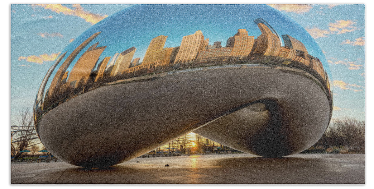 Chicago Cloud Gate Hand Towel featuring the photograph Chicago Cloud Gate at Sunrise by Sebastian Musial