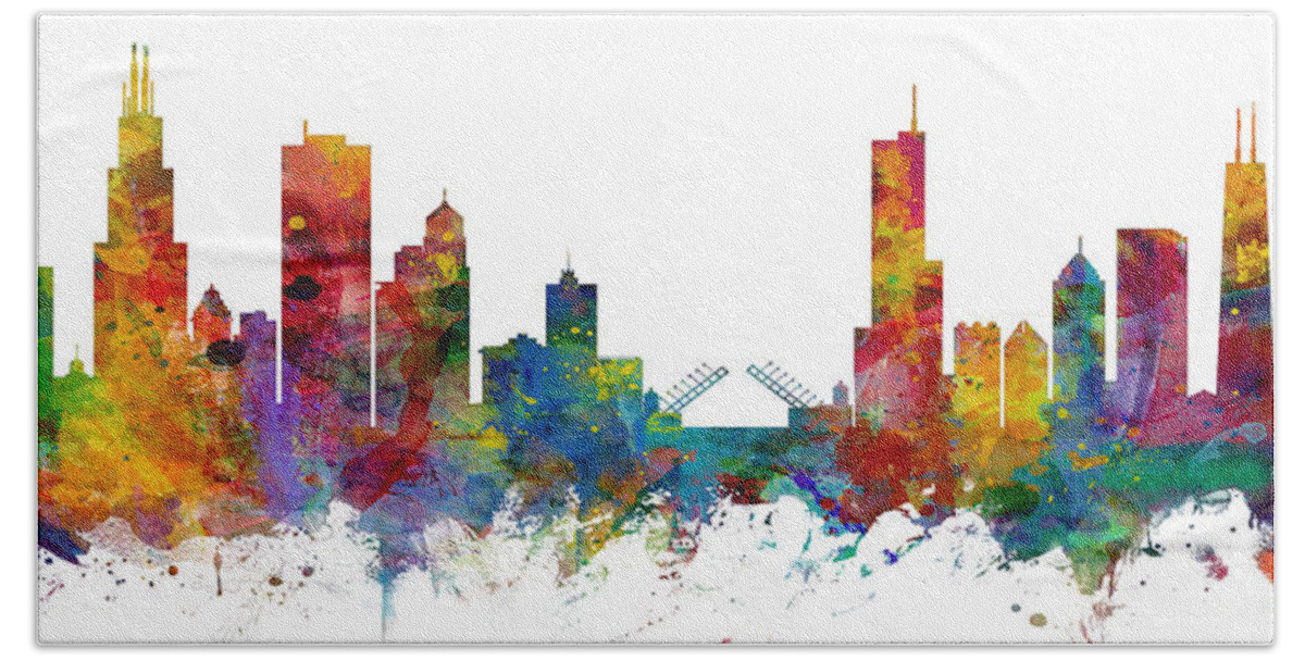 Chicago Hand Towel featuring the digital art Chicago Illinois Skyline Custom Panoramic by Michael Tompsett