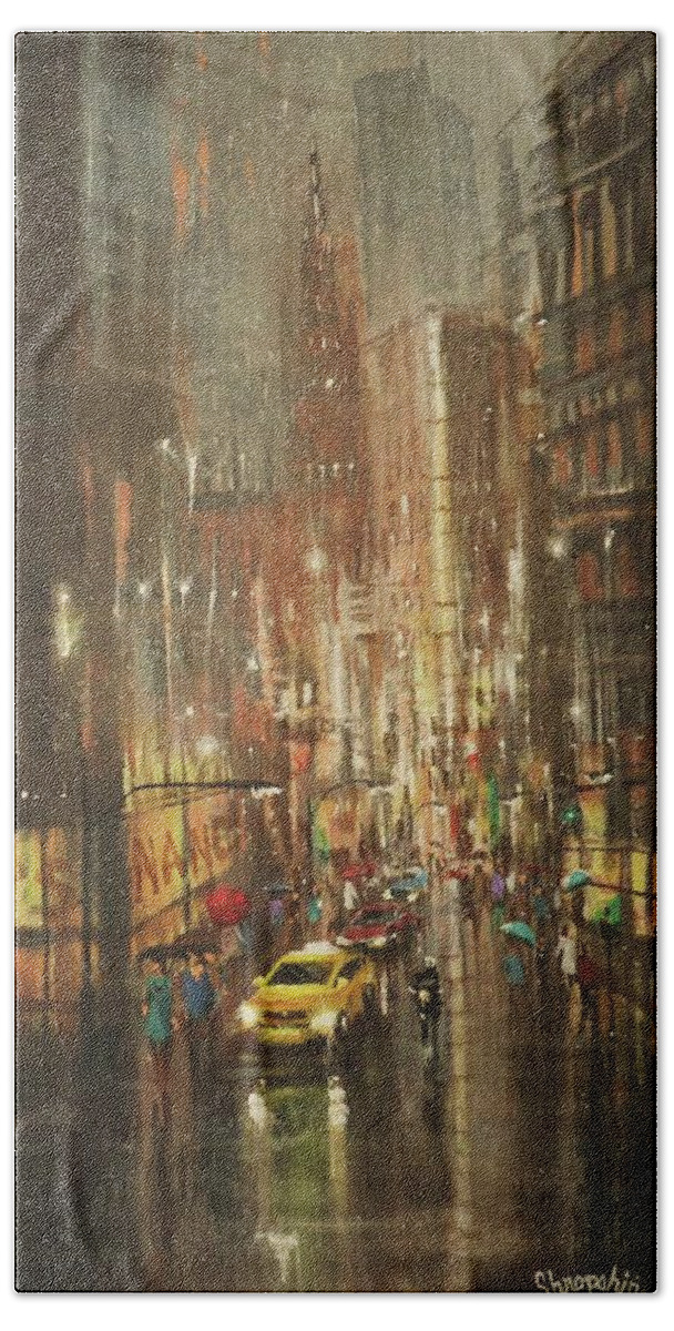 City Rain Hand Towel featuring the painting Chicago Rain by Tom Shropshire