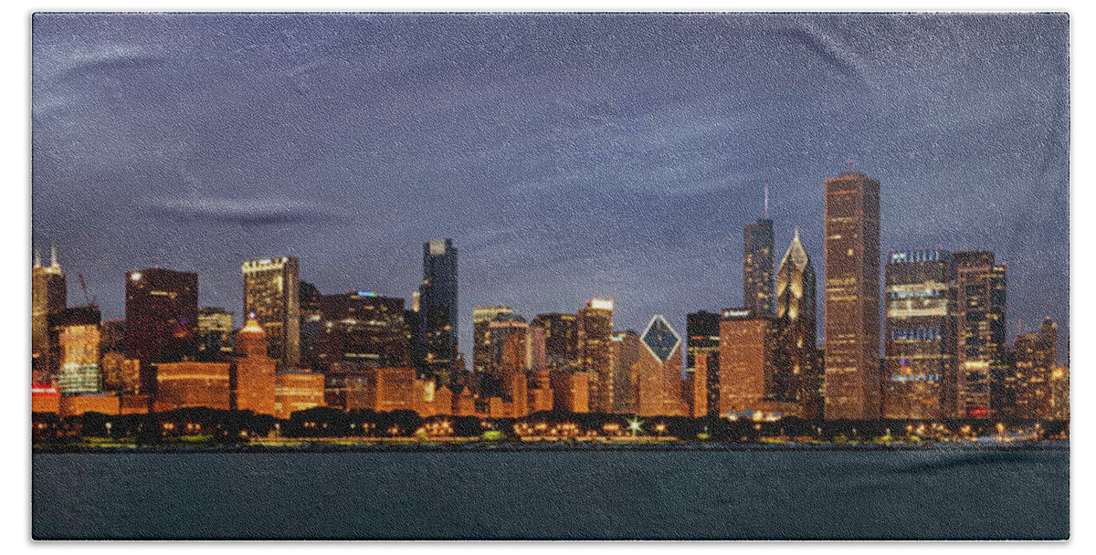 #faatoppicks Hand Towel featuring the photograph Chicago Skyline at Night Color Panoramic by Adam Romanowicz