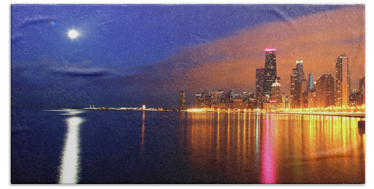 Architecture Bath Towel featuring the photograph Chicago Skyline Moonlight Water by Patrick Malon
