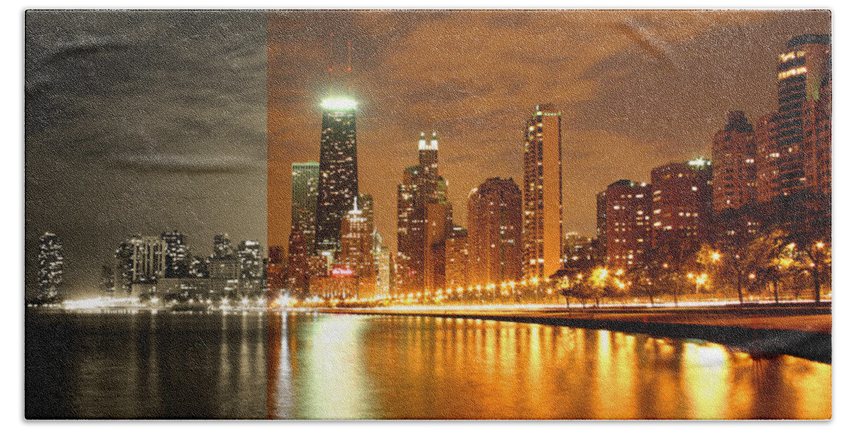 Architecture Bath Towel featuring the photograph Chicago Skyline Night Lights Water by Patrick Malon