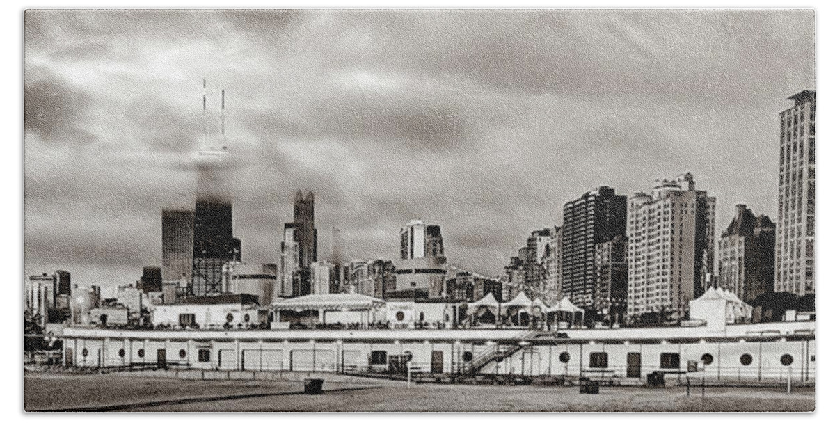 Chicago Skyline Hand Towel featuring the photograph Chicago Skyline Panorama in Sepia From North Avenue Beach by Gregory Ballos