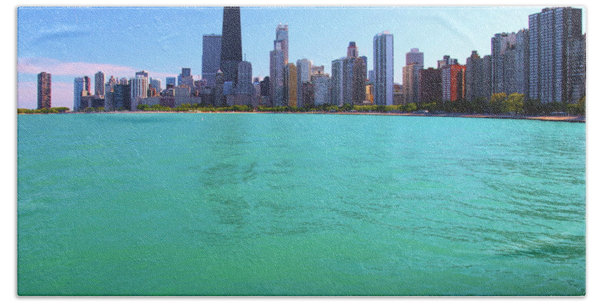 Chicago Skyline Bath Towel featuring the photograph Chicago Skyline Teal Water by Patrick Malon