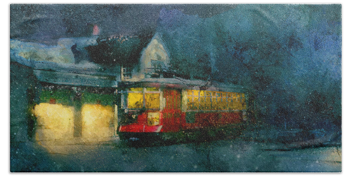 Historic Hand Towel featuring the painting Chicago Trolley - Milwaukee and Devon turnaround in the Snow by Glenn Galen