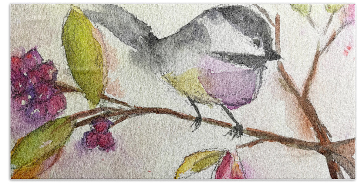 Watercolor Chickadee Hand Towel featuring the painting Chickadee perched in a Tree by Roxy Rich