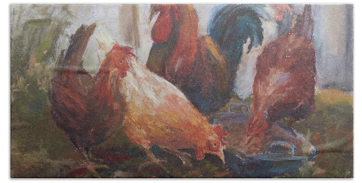 Barbara Pommerenke Chickens Huehner Tiere Animals Life Stock Poultry Pastel Chalk Pastellkreide Hand Towel featuring the drawing Chickens by Barbara Pommerenke