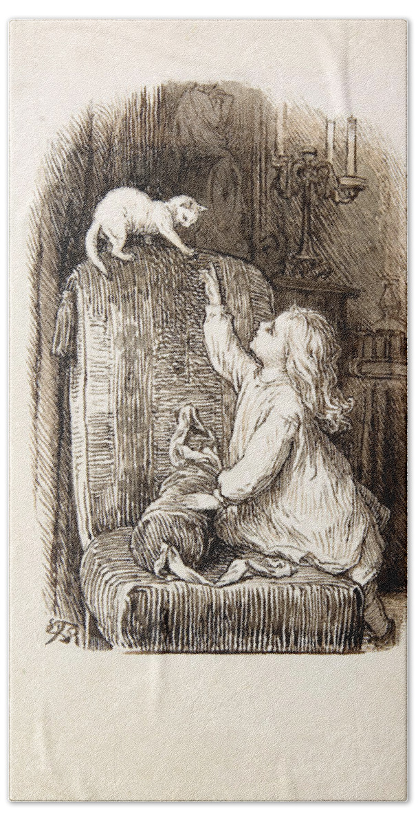 Lorenz Frolich Bath Towel featuring the drawing Child Climbing a Chair to Reach for a Kitten by Lorenz Frolich